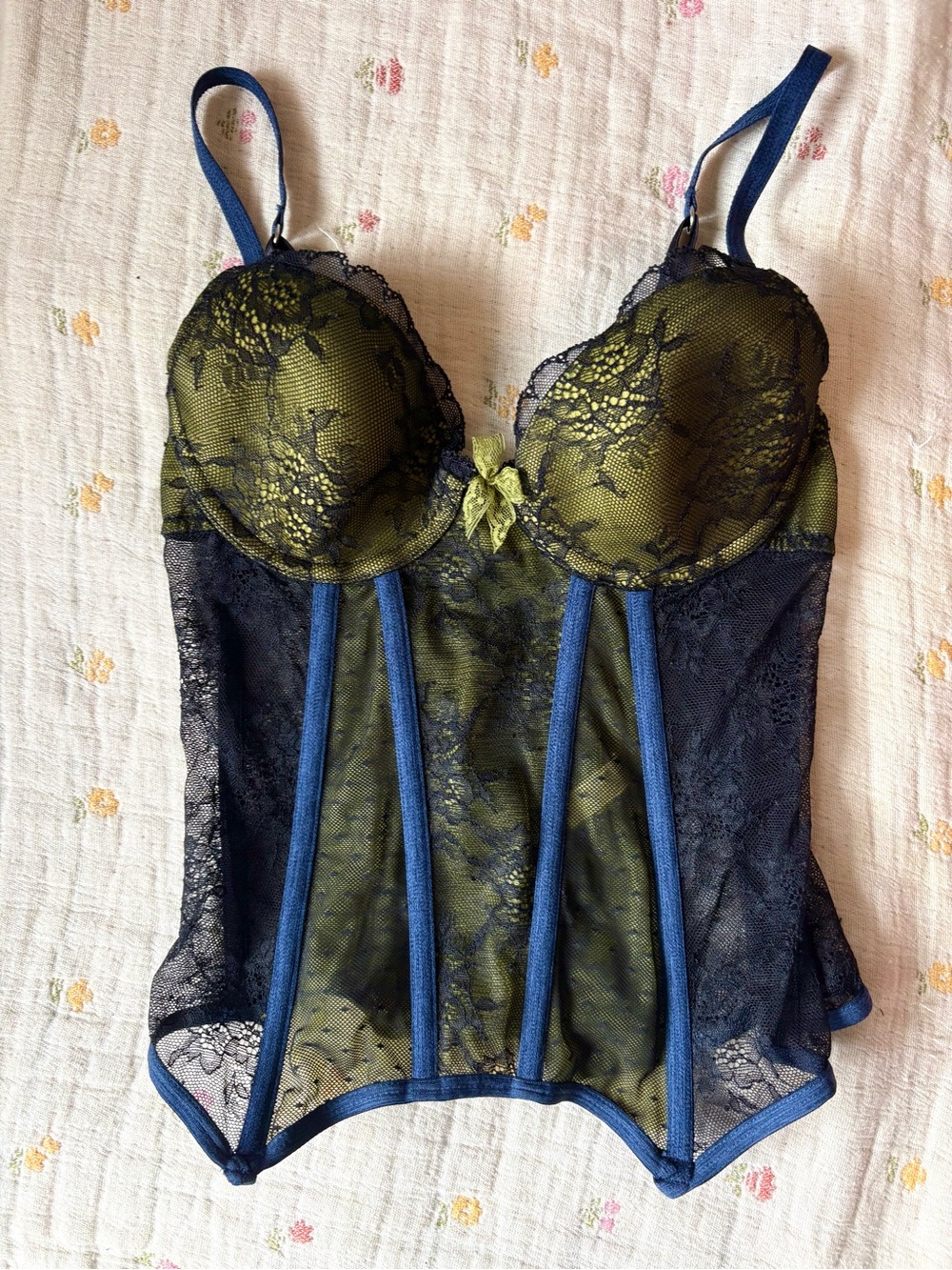 Vintage Corset Olive Green & Navy Lace Bustier Tank Top Lingerie Bra